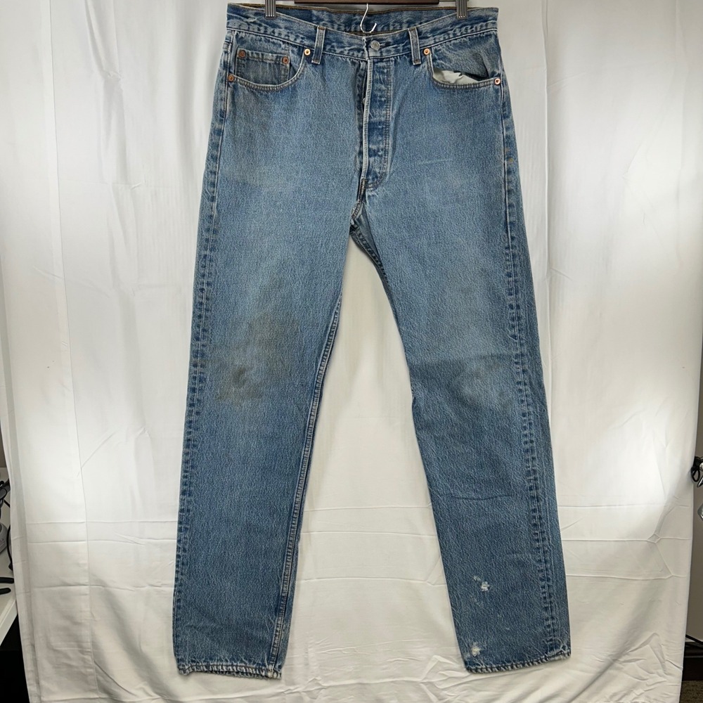 Levi's 501 Jeans Mens 36x36 (fit 34x35) Blue Distressed Straight Leg Made USA 90